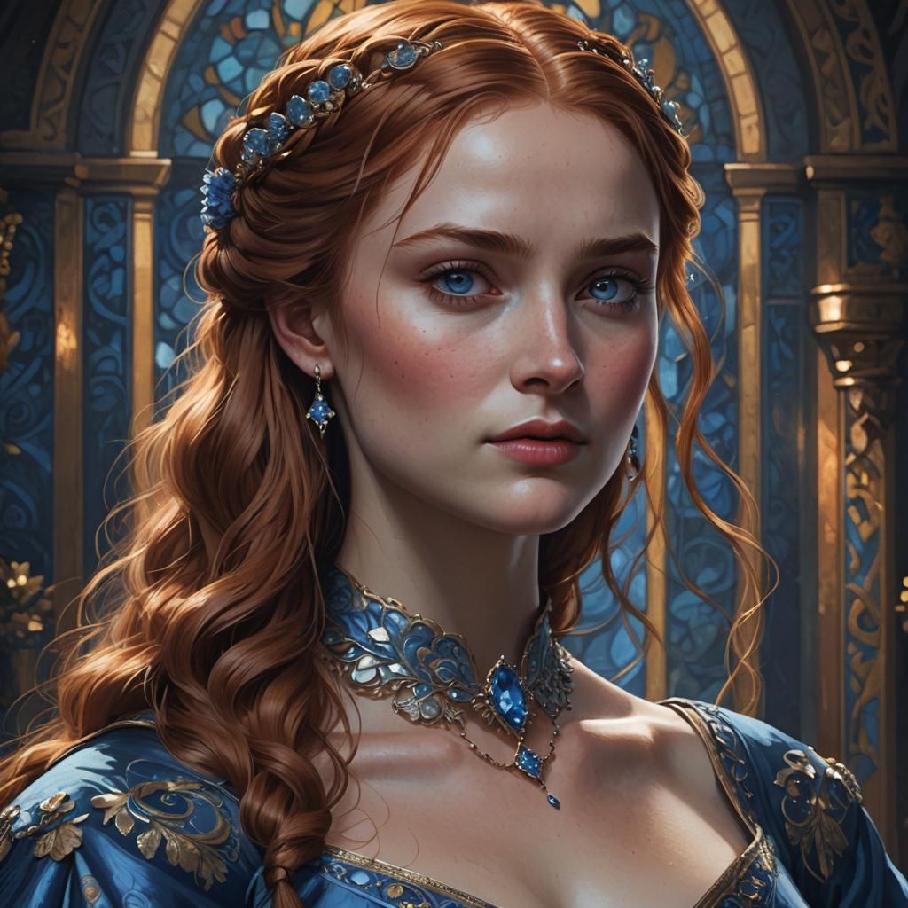 Auburn-Haired Woman in Blue Gown, Detailed Portrait