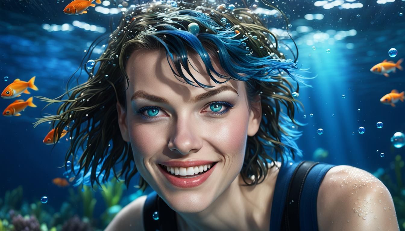 Underwater Portrait of Smiling Woman in Renaissance Style
