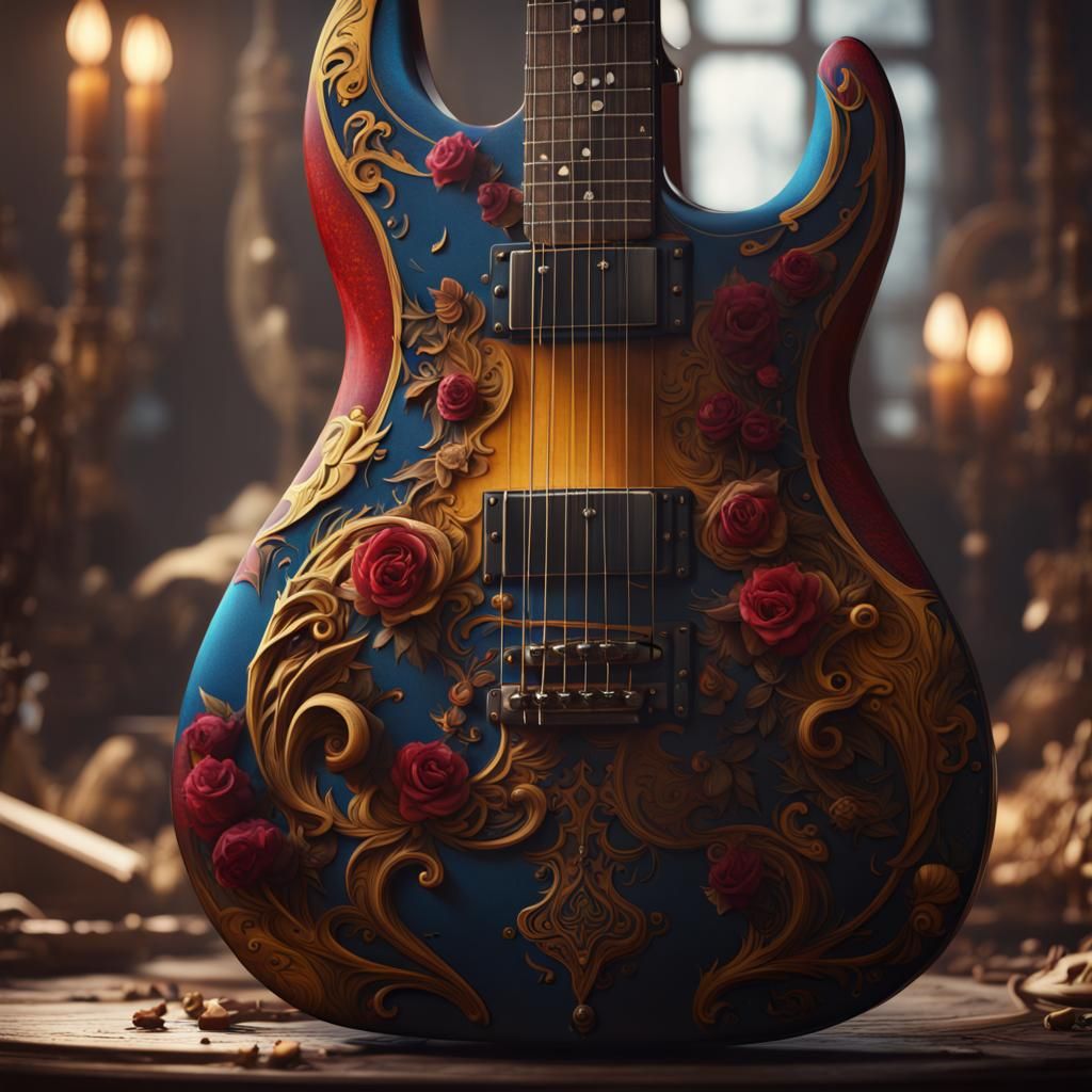 Electric Guitar Painted in Dark Beauty and the Beast Theme