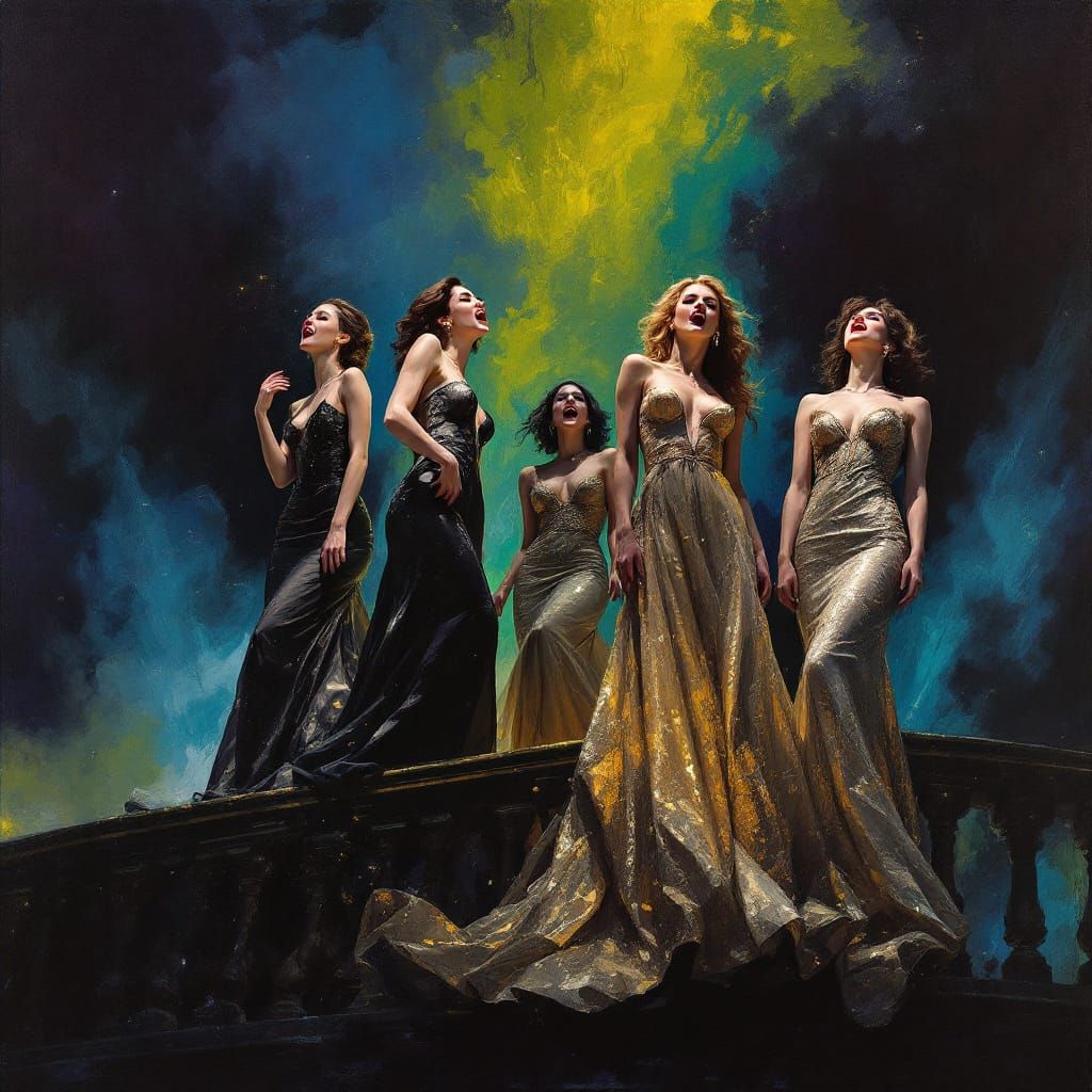 Elegant Women Expressing Intense Emotion Atop Gardens Hall