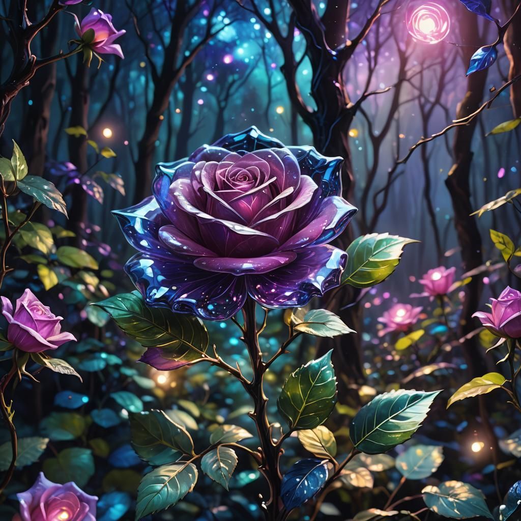 Mystical Glass Rose in Neon Lit Forest