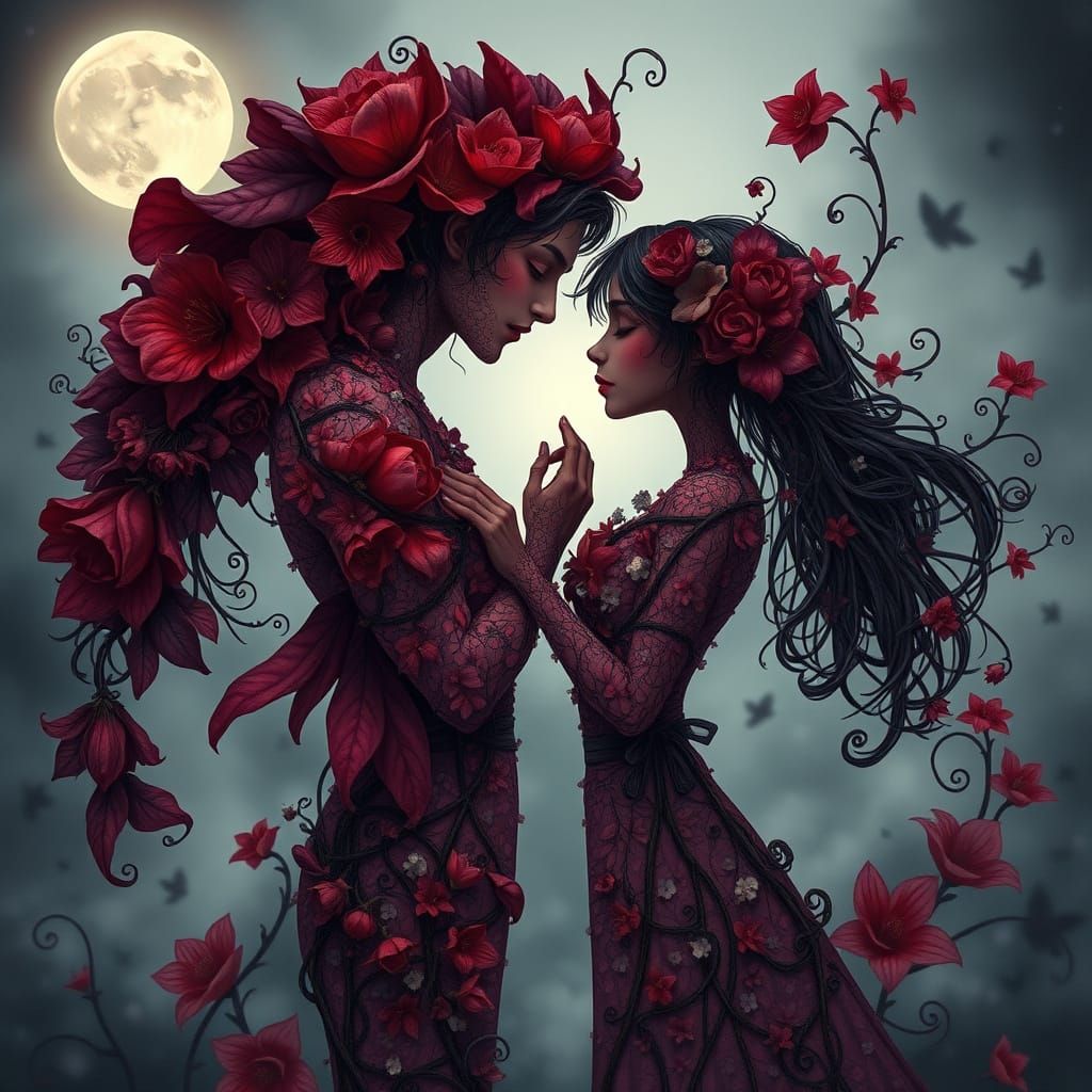 Whimsical Floral Lovers in Moonlit Garden