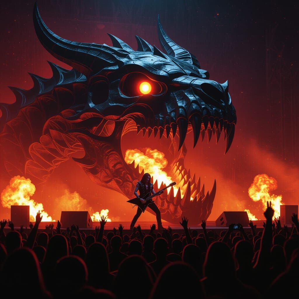 Guitarist Shredding on Dragon Skull Stage with Pyrotechnics