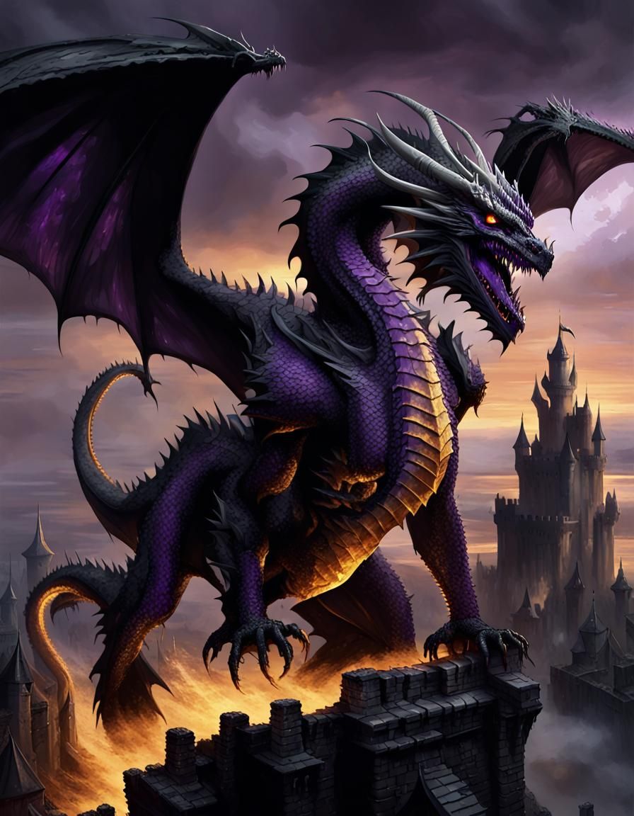 Ancalagon the Black: Dragon Soaring Over Ruins