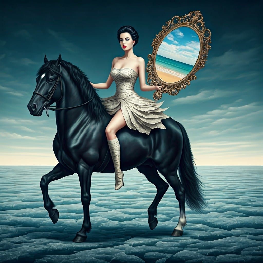 Surreal Woman on Horse with Mirror Reflecting Beach