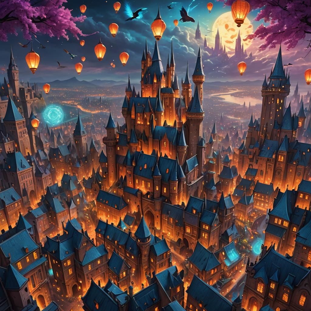 Magical Cityscape with Floating Wizards: Fantasy Art