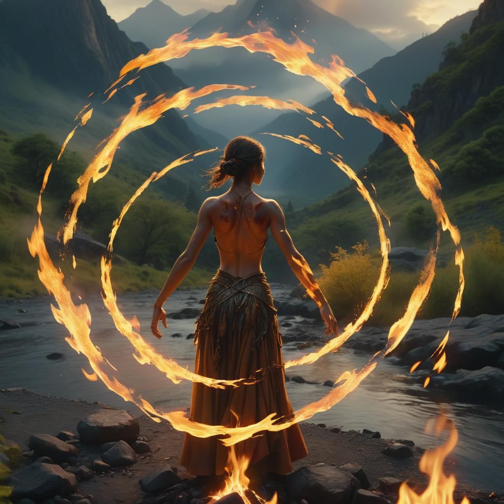 Figure in Circle of Fire, Cinematic Still