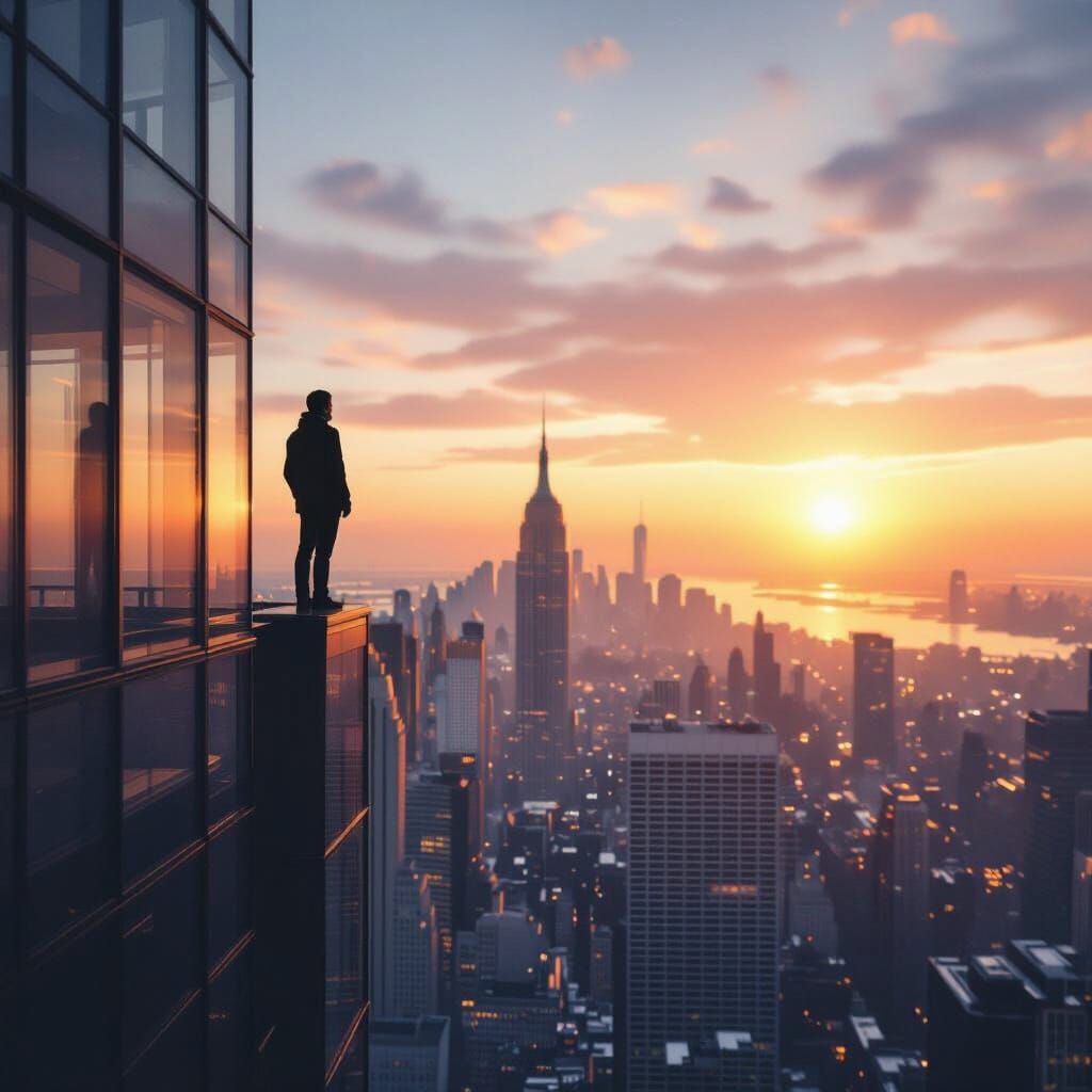 Skyscraper View Over City at Sunset Cinematic Film Still