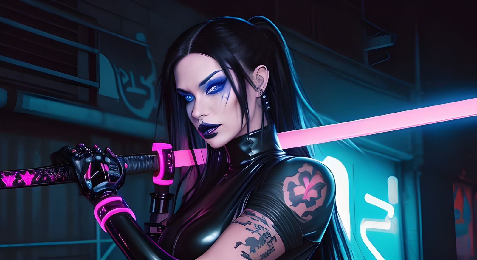 Cyberpunk Woman with Katana in Neon Alley