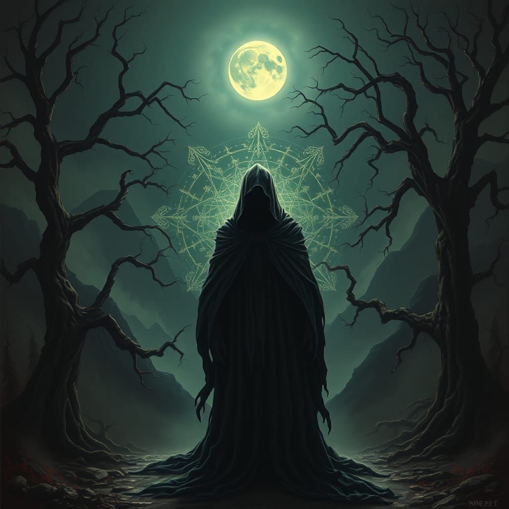 Mystical Figure in Eerie Surrealist Landscape