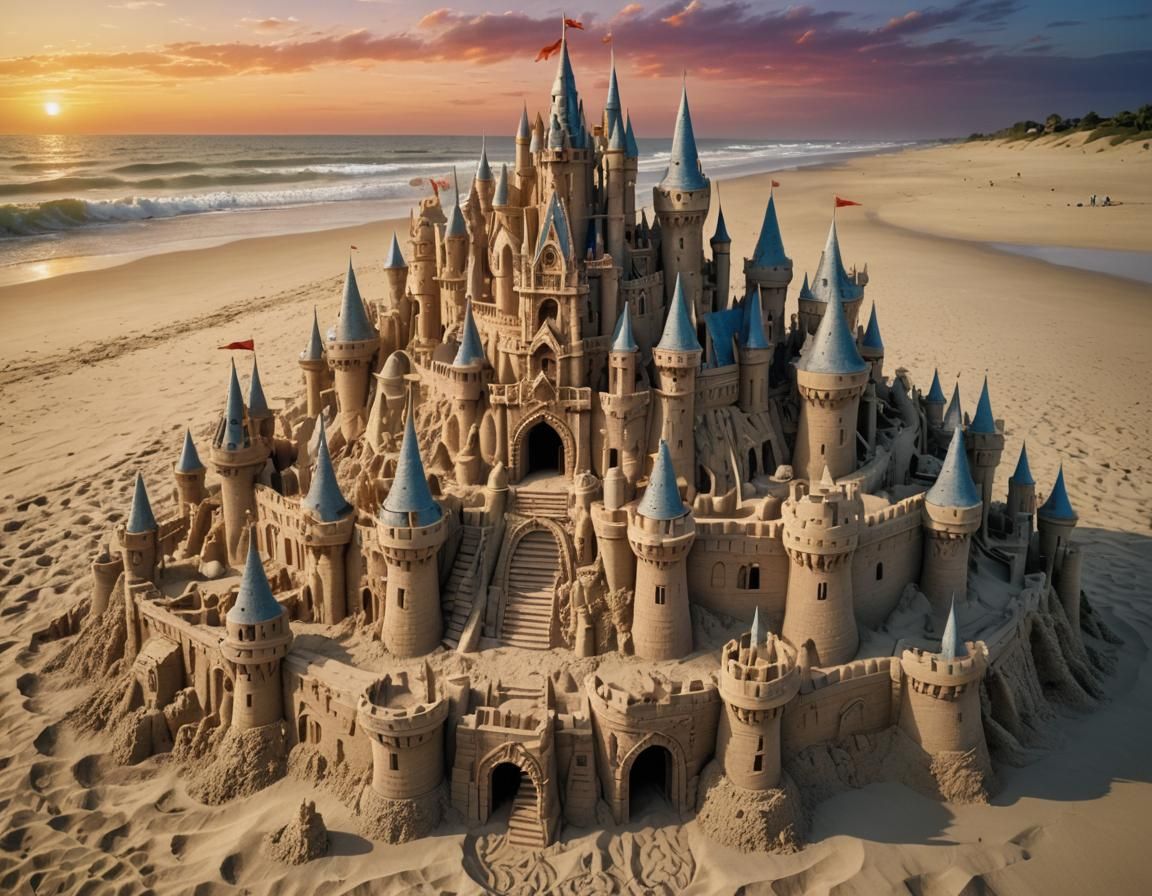Fairytale Sandcastle Sunset: Hyperrealistic Digital Matte Pa...