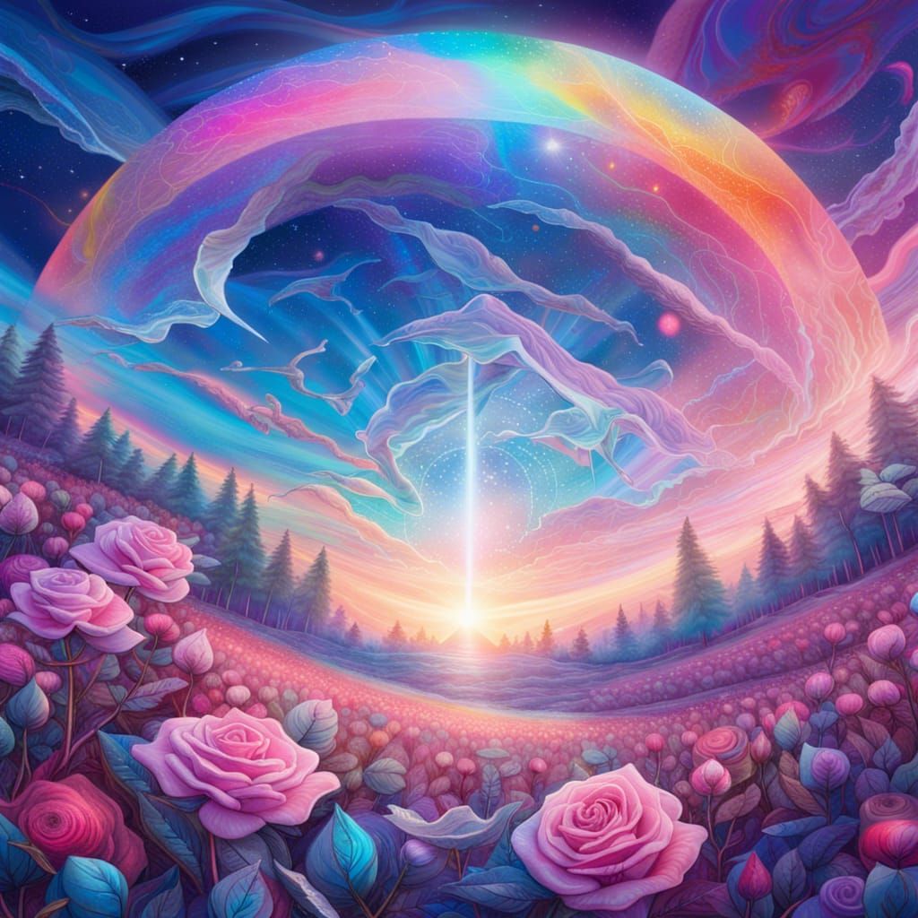 Prism Refracts Rainbow Light Over Rose Field