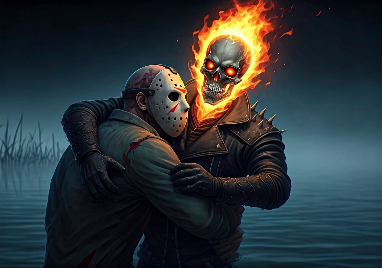 Jason Voorhees bear hugging Ghost Rider who is giving him hi...