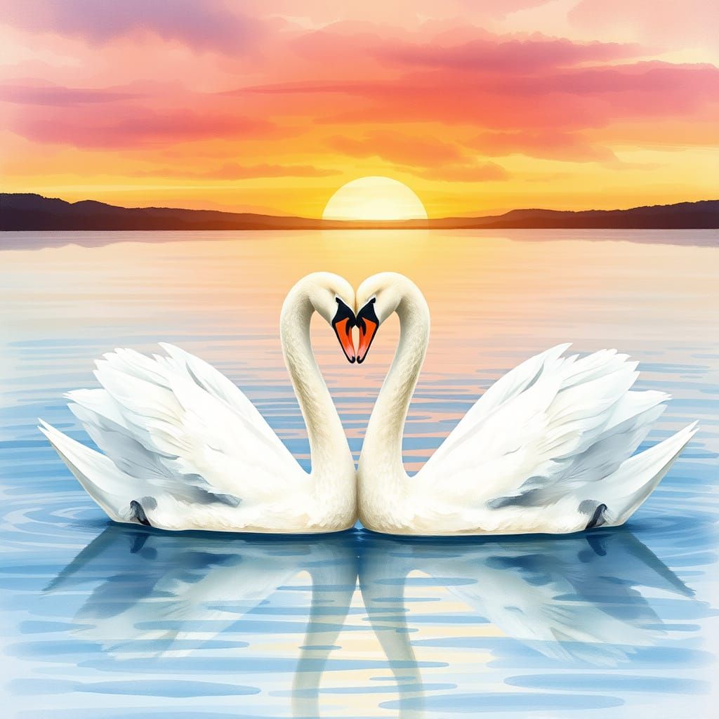 Romantic Watercolor Swans in Sunset Serenity