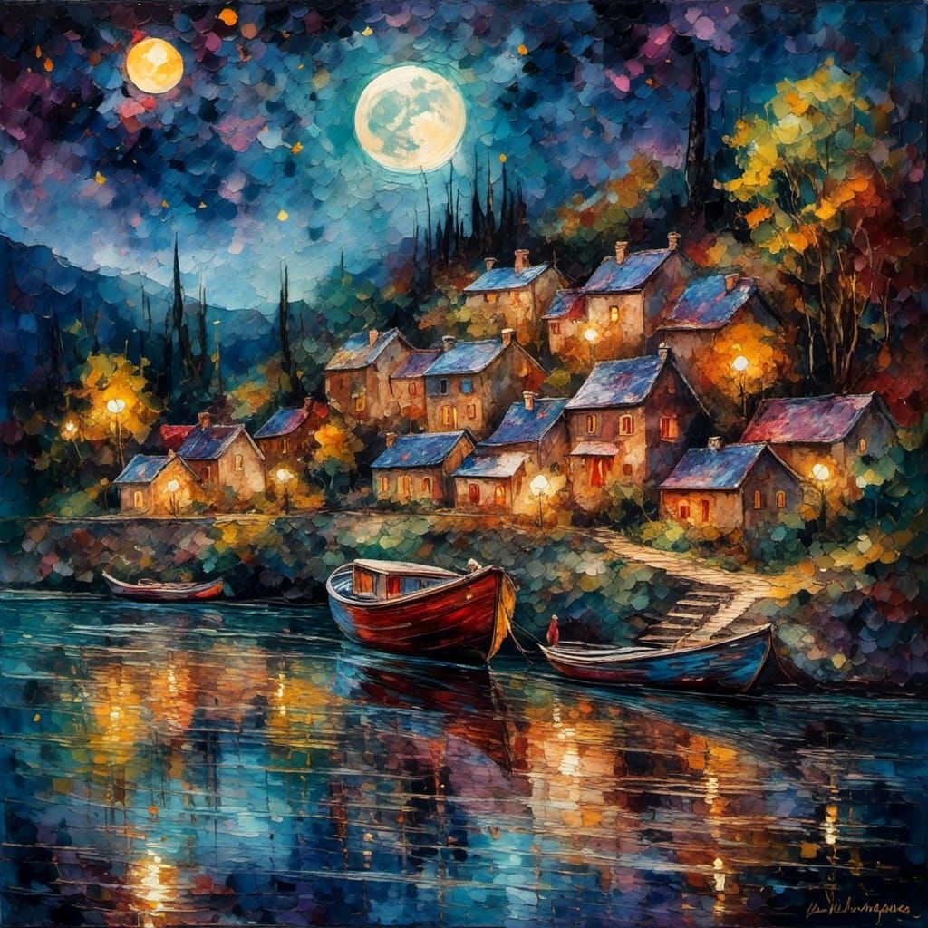 Expressionist Boat on Lake under Starry Moon
