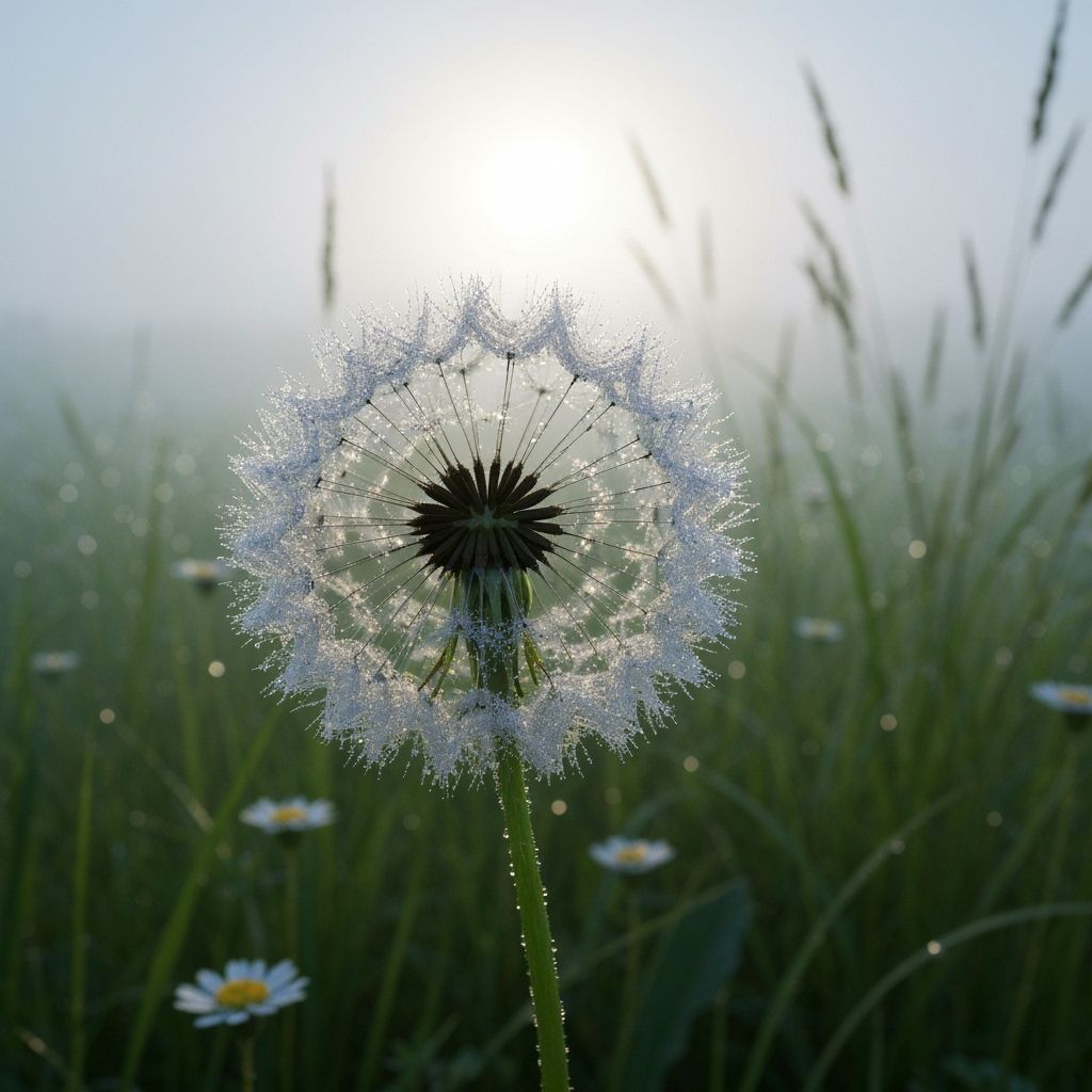 Dew-Kissed Dandelion Seedhead in Misty Meadow