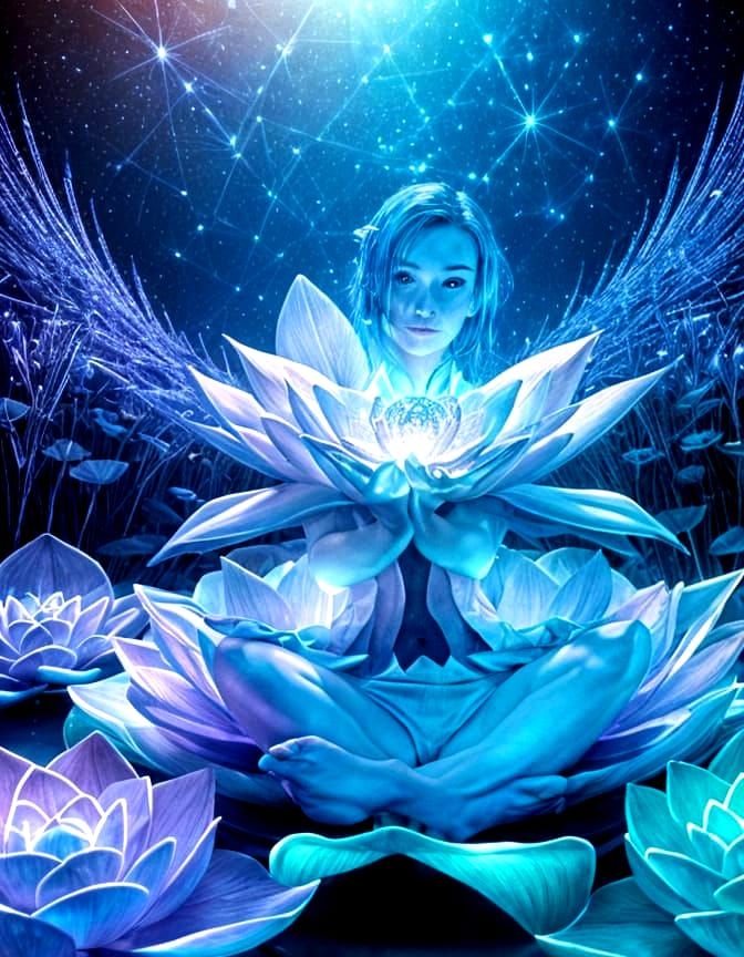 Woman in Lotus Pose with Neon Star Background