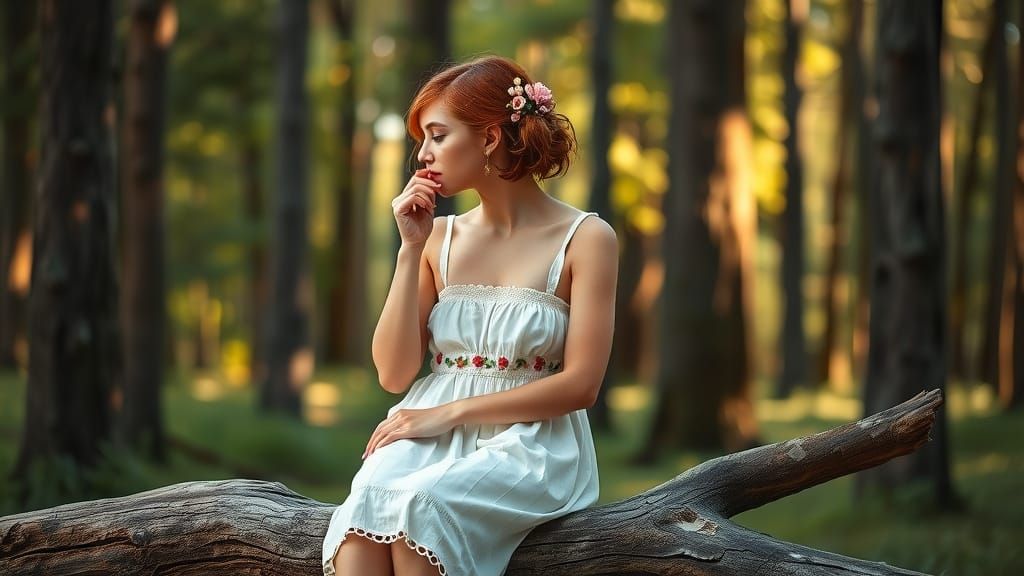Melancholy Woman in Sun-Dappled Forest