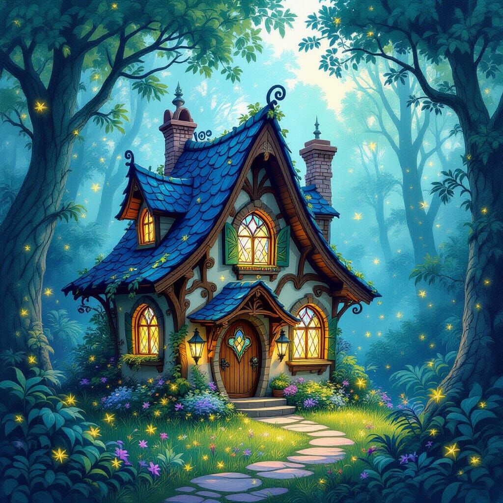 Enchanted Fairy House in Bioluminescent Forest