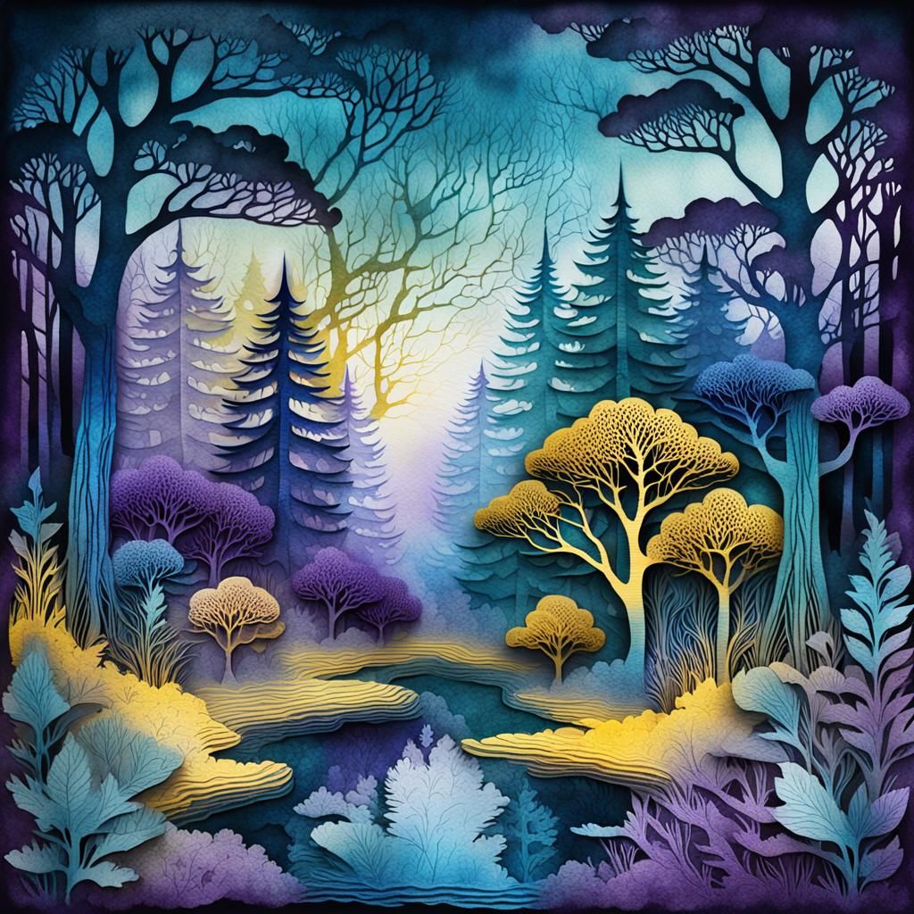 Botanical Kirigami Landscape with Distressed Textures