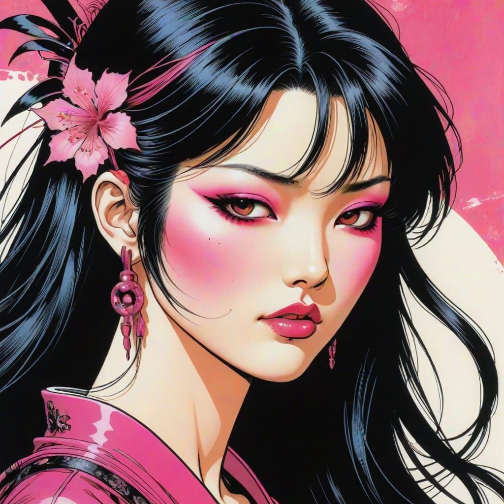 Beautiful Japanese Woman in Hot Pink and Black Neo Tokyo Pop...