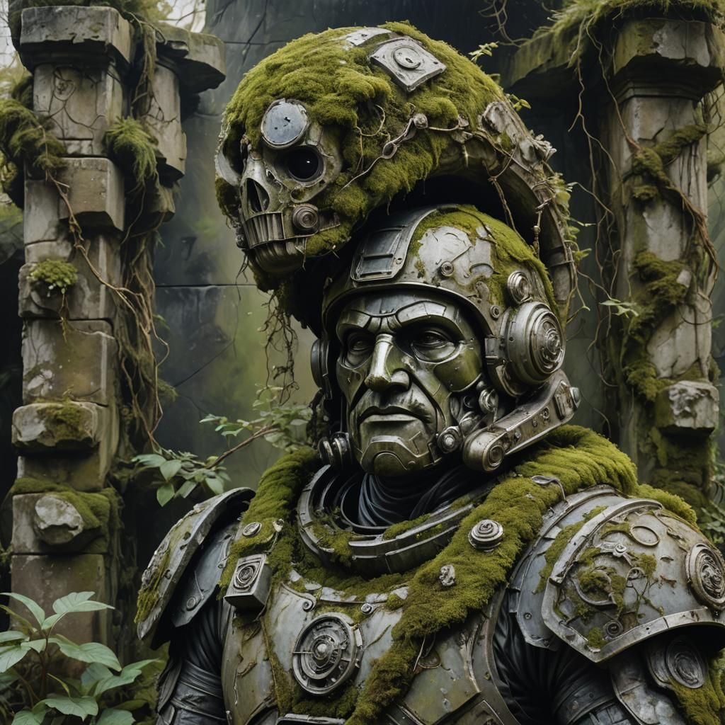 Colossal Steampunk Titan Statue in Oil Painting