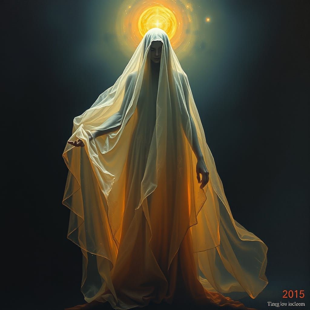 Mystical Figure's Veil Trembles Revealing Cosmic Vortex