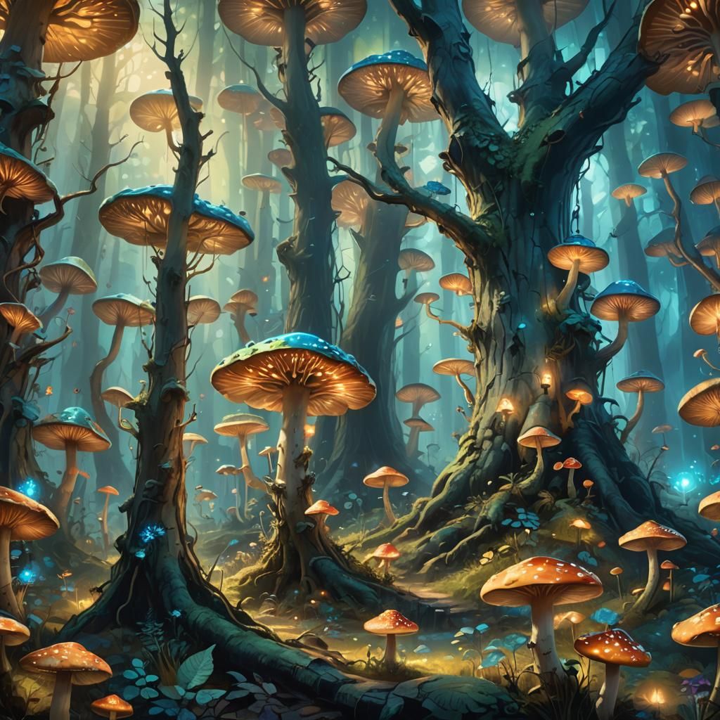 Mystical Forest with Glowing Mushrooms in Oil Painting