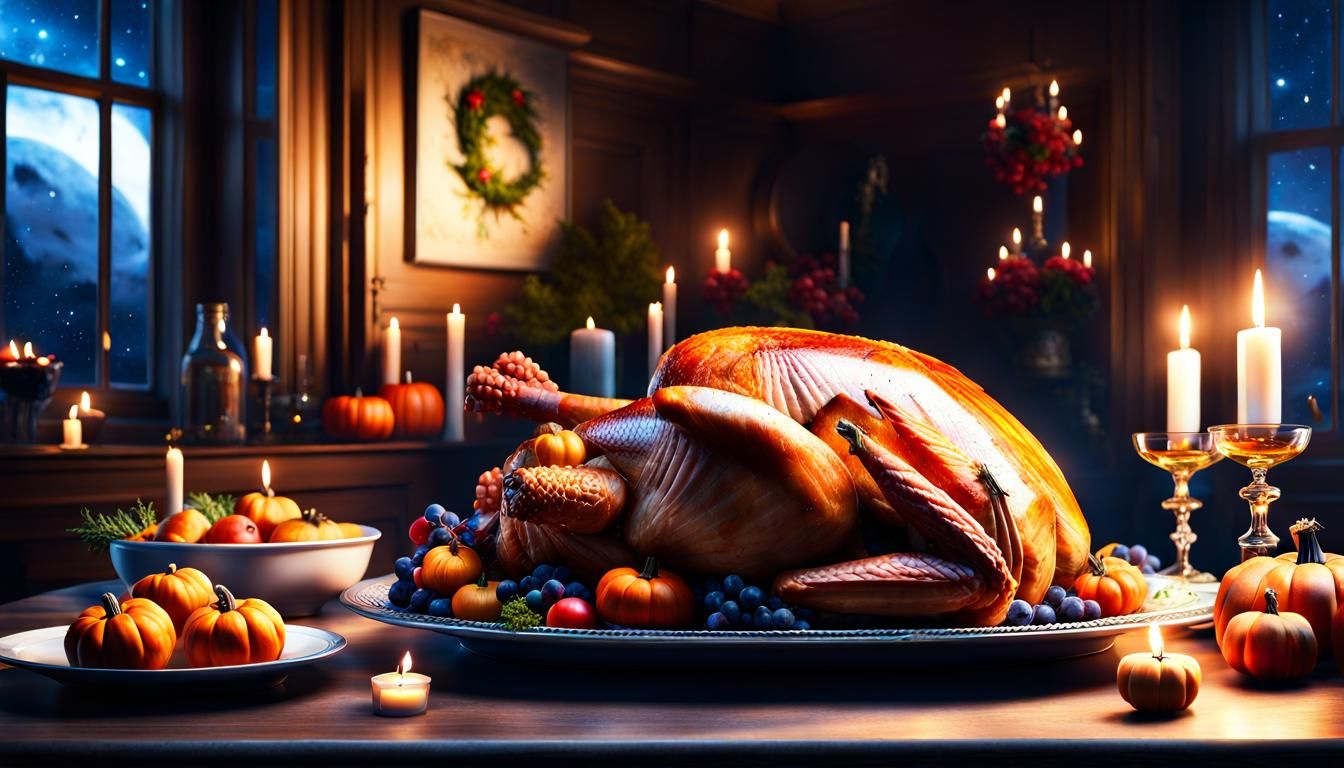 Thanksgiving Turkey Under Fantasy Night Sky
