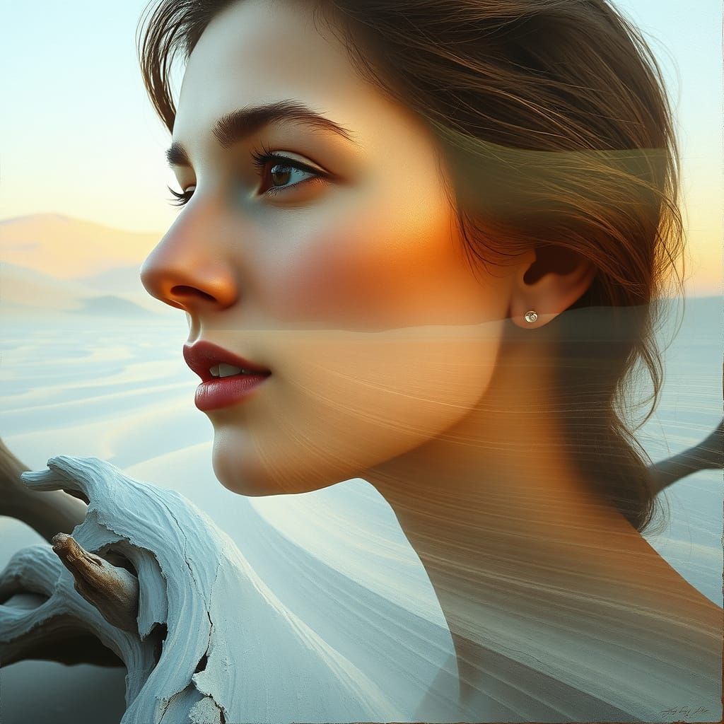 Surreal Impressionistic Portrait with Ethereal Desert Landsc...