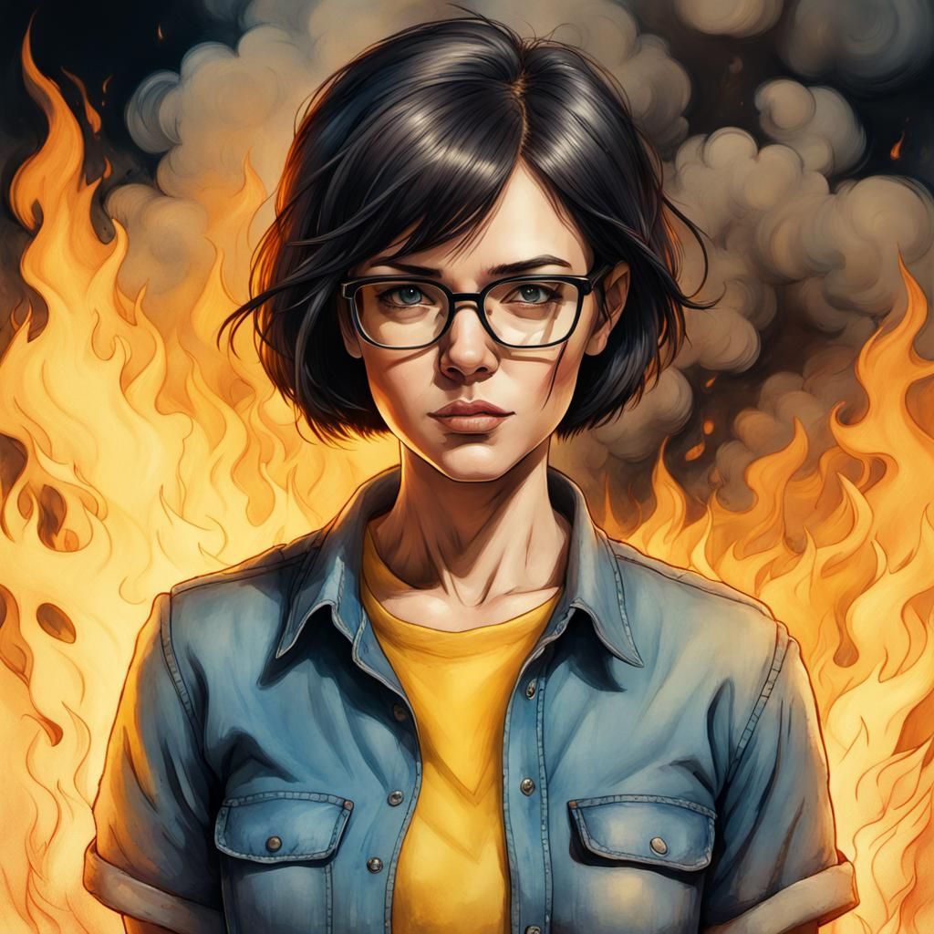 Comic-Style Woman Amidst Pyrography Fire