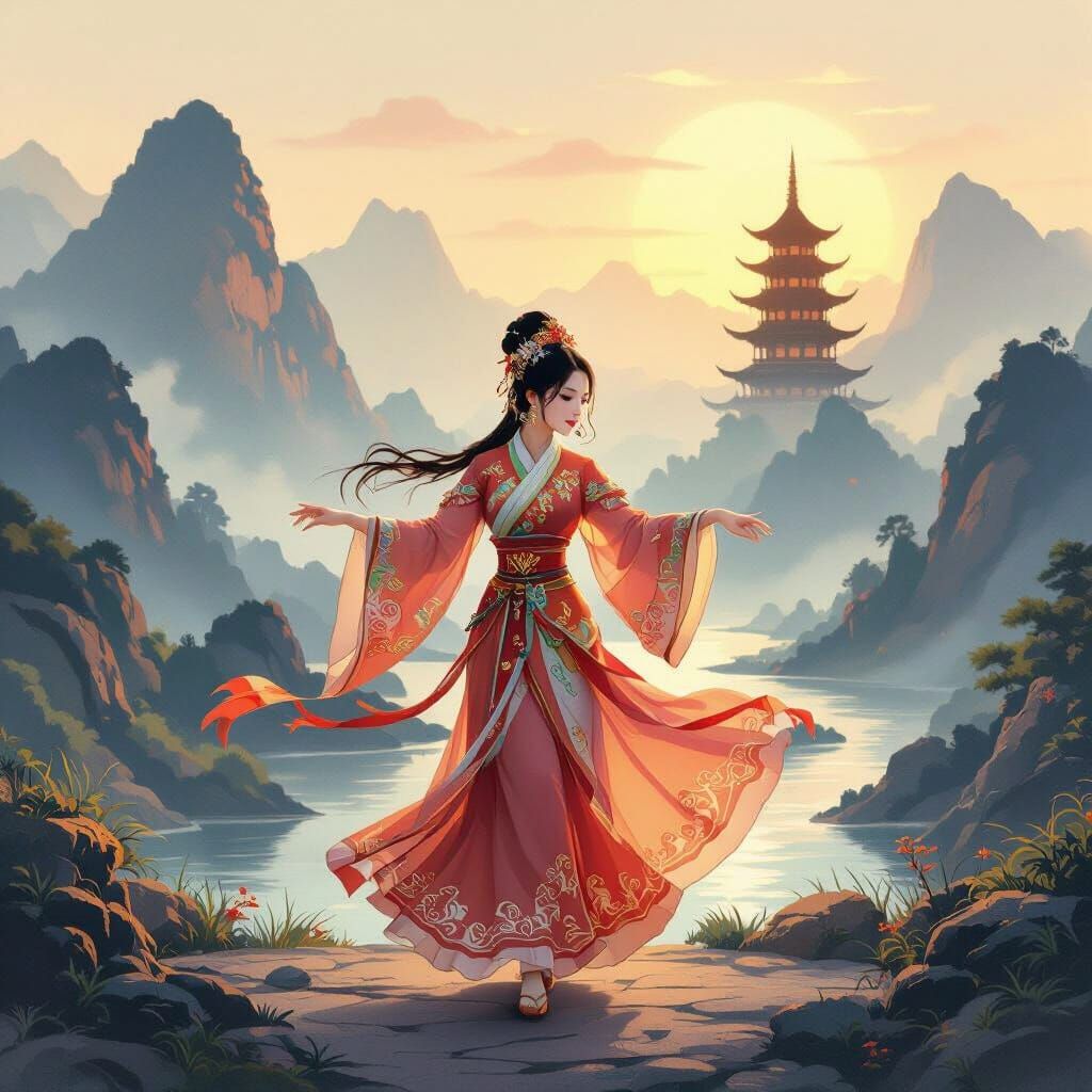 Chinese Dancer in National Costume Amidst Mountains and Pago...