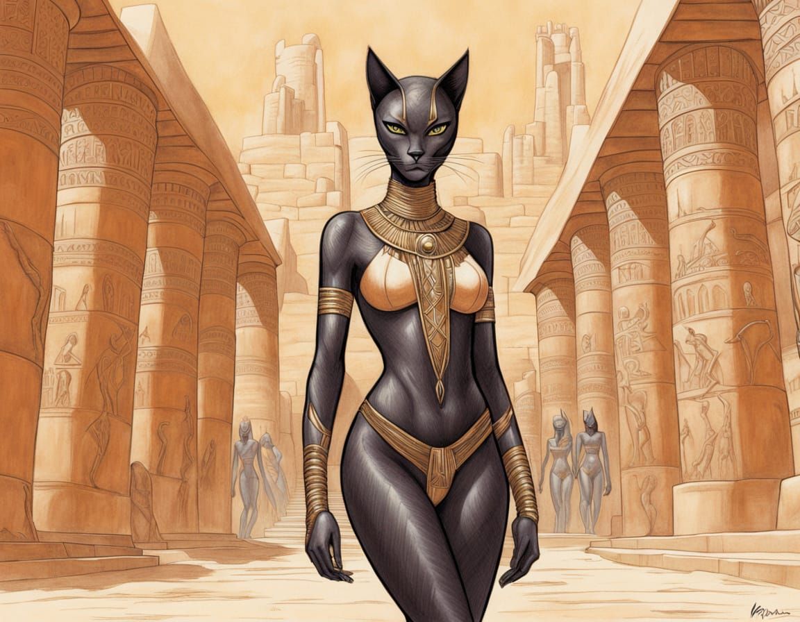 Egyptian Cat Goddess in Ancient Temple