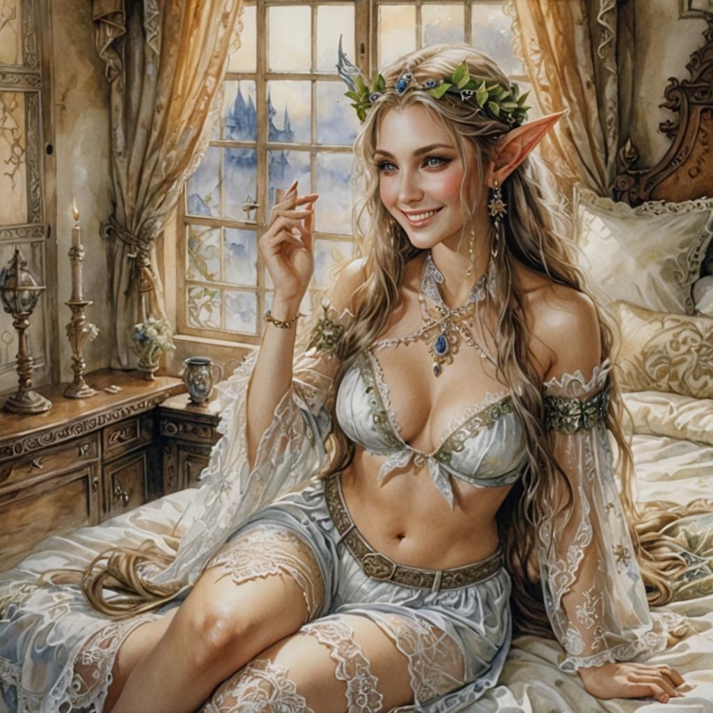 Beautiful Elf Portrait in Watercolor Fantasy Style