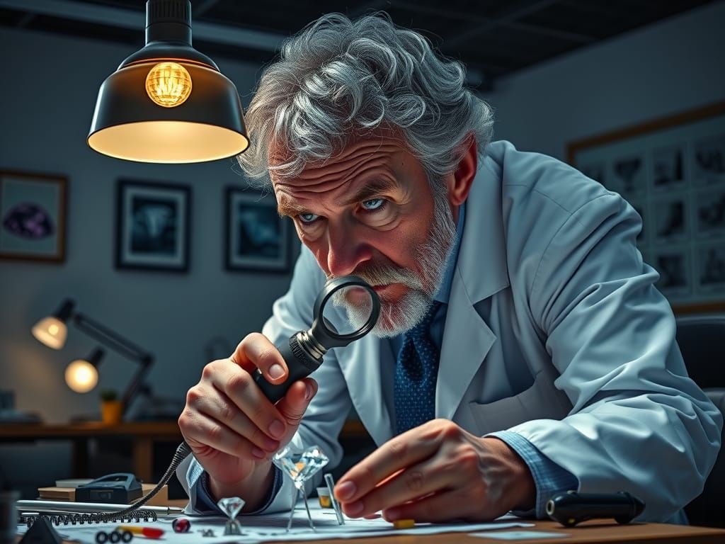 Elderly Doctor Examines Diamond Figure in Warm, Golden Light