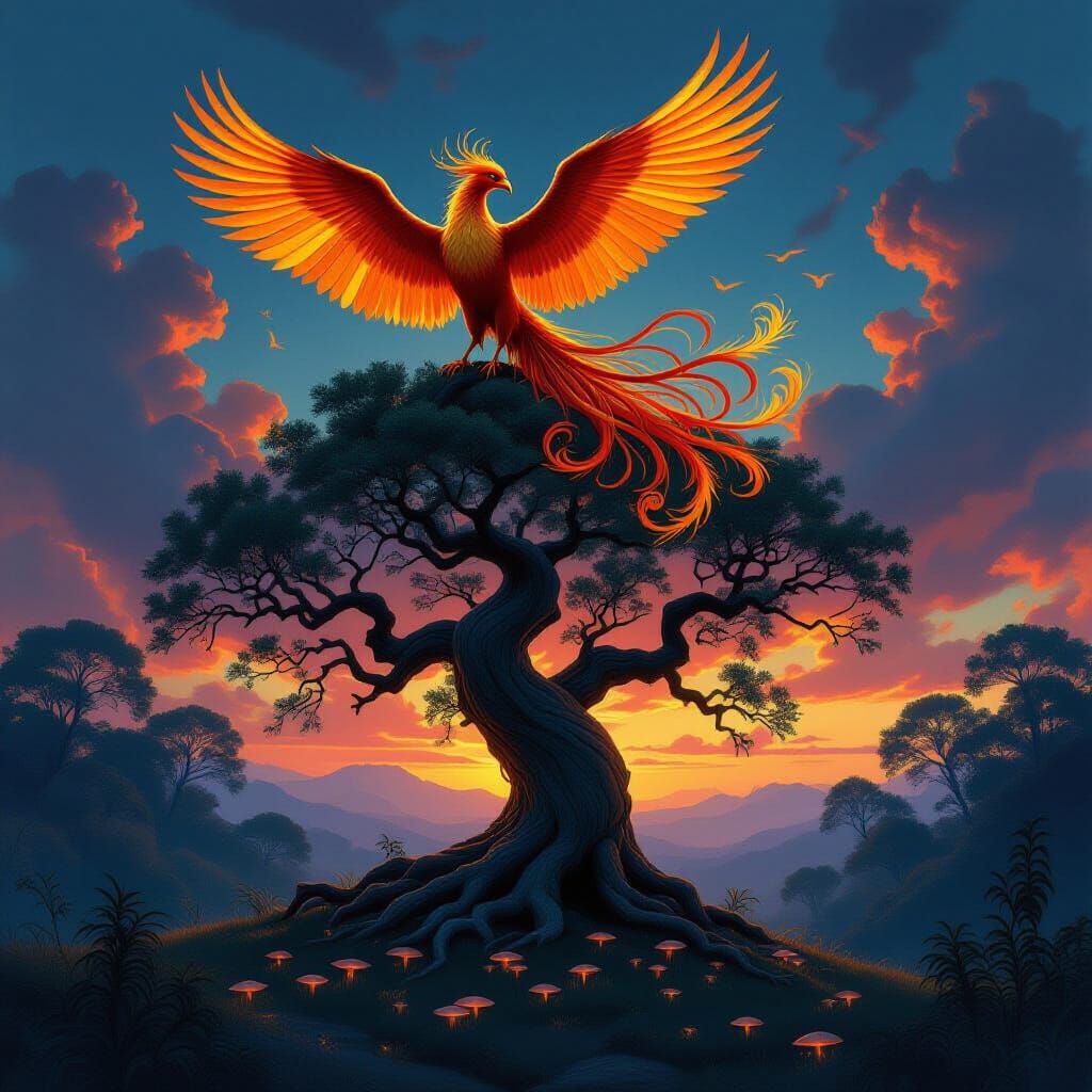 Majestic Phoenix on Ancient Tree in Ethereal Twilight