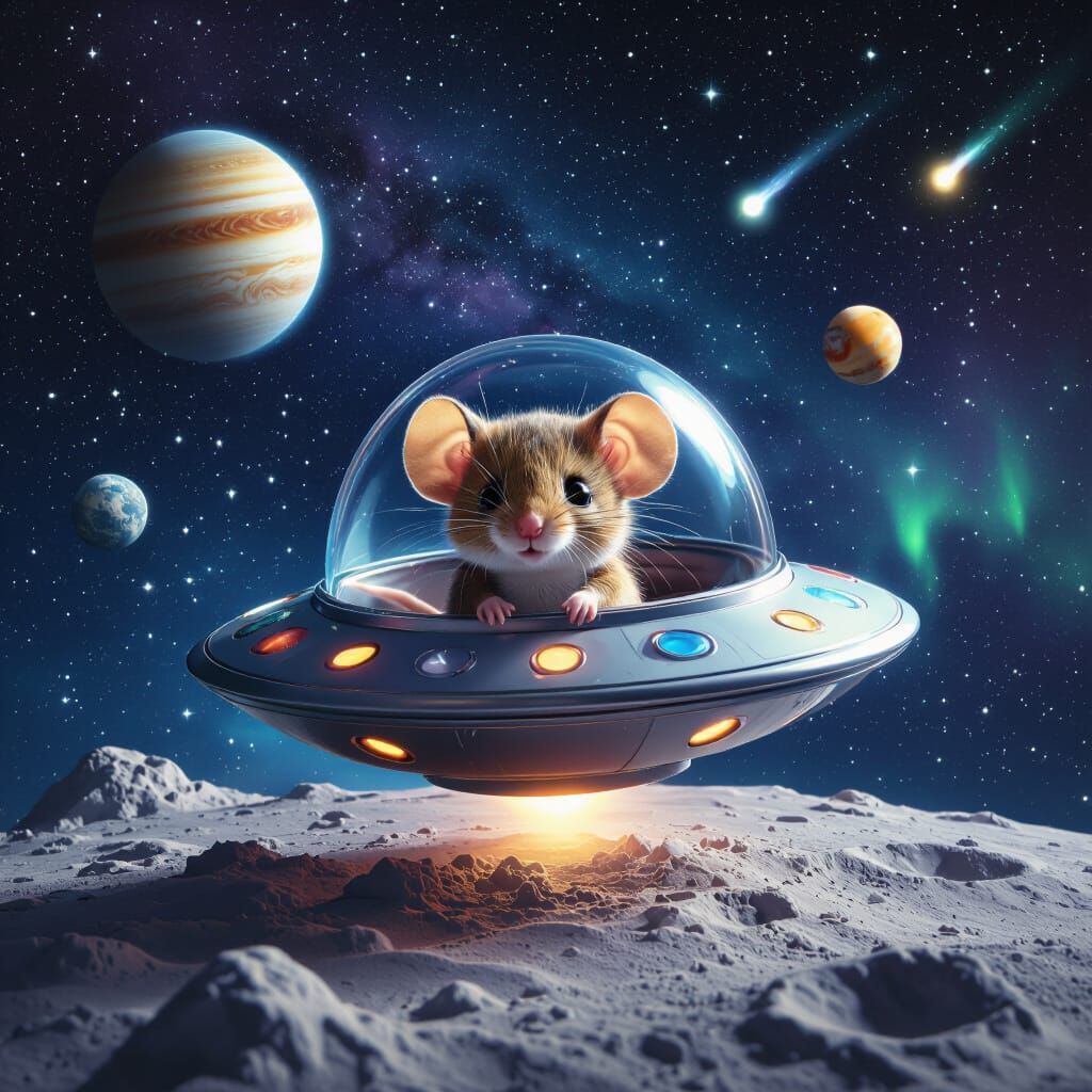 Hyperrealistic Chibi Mouse in UFO on Moon