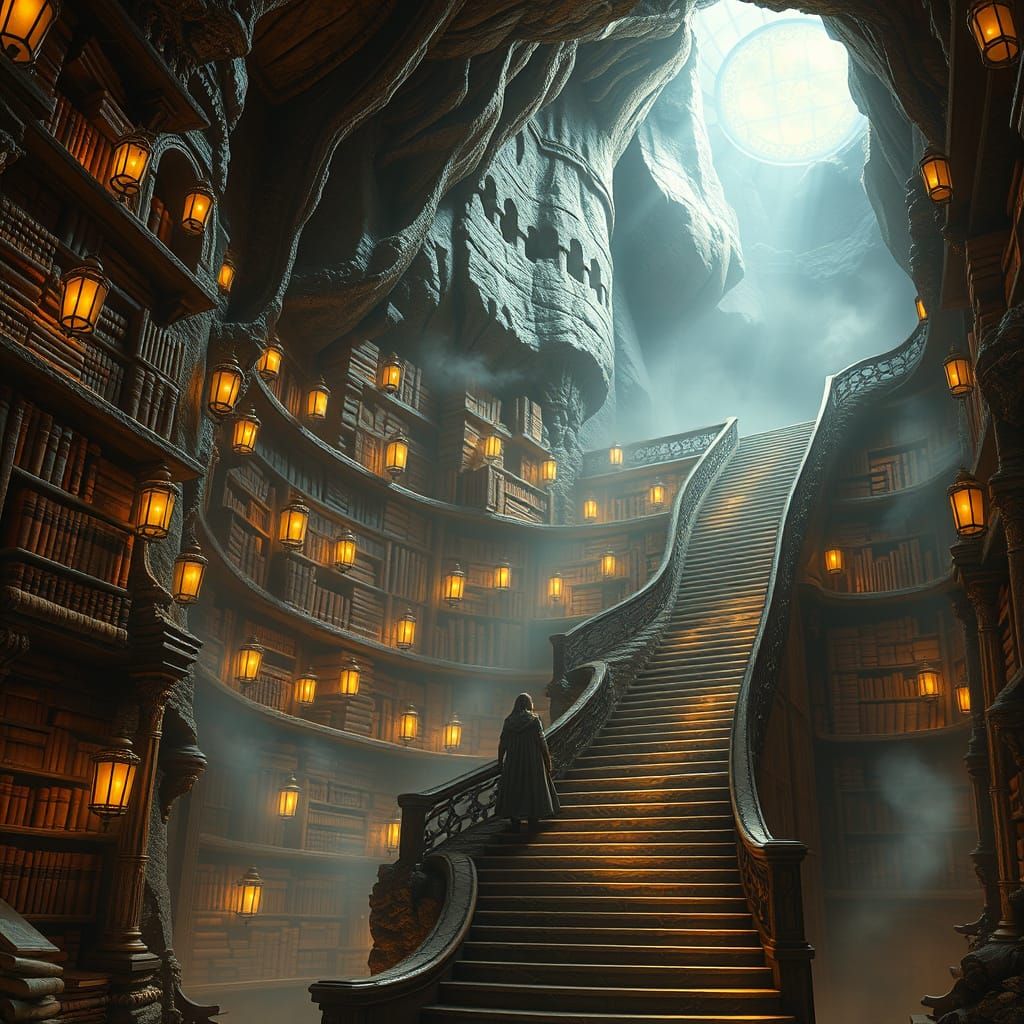 Ancient Mountain Library Ascent in Golden Light