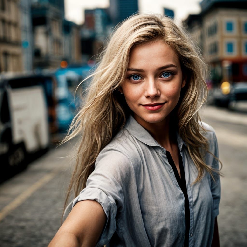 Intense Blue-Eyed Woman Smiles, City Backdrop