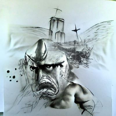 Warrior in Ink Drawing, Cubist God
