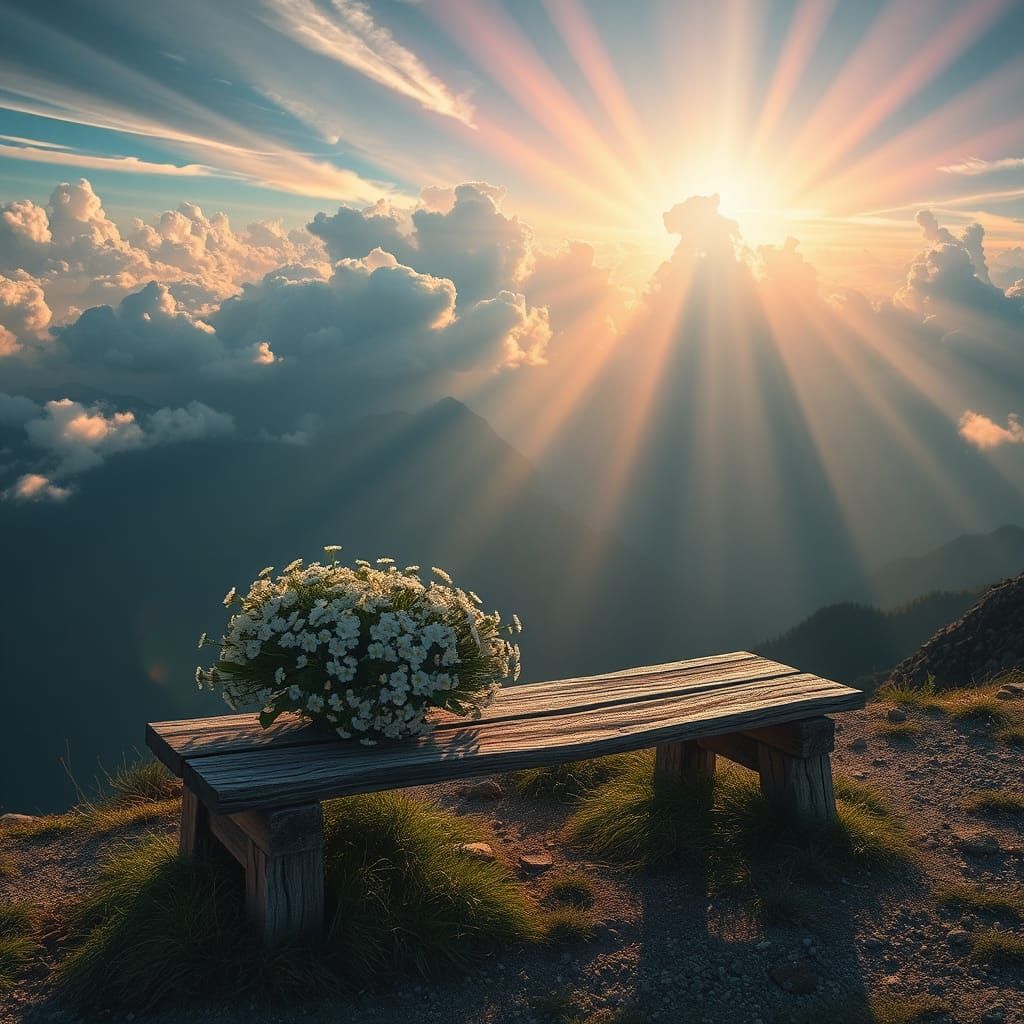Mountain Bench with Iridescent Sunlight