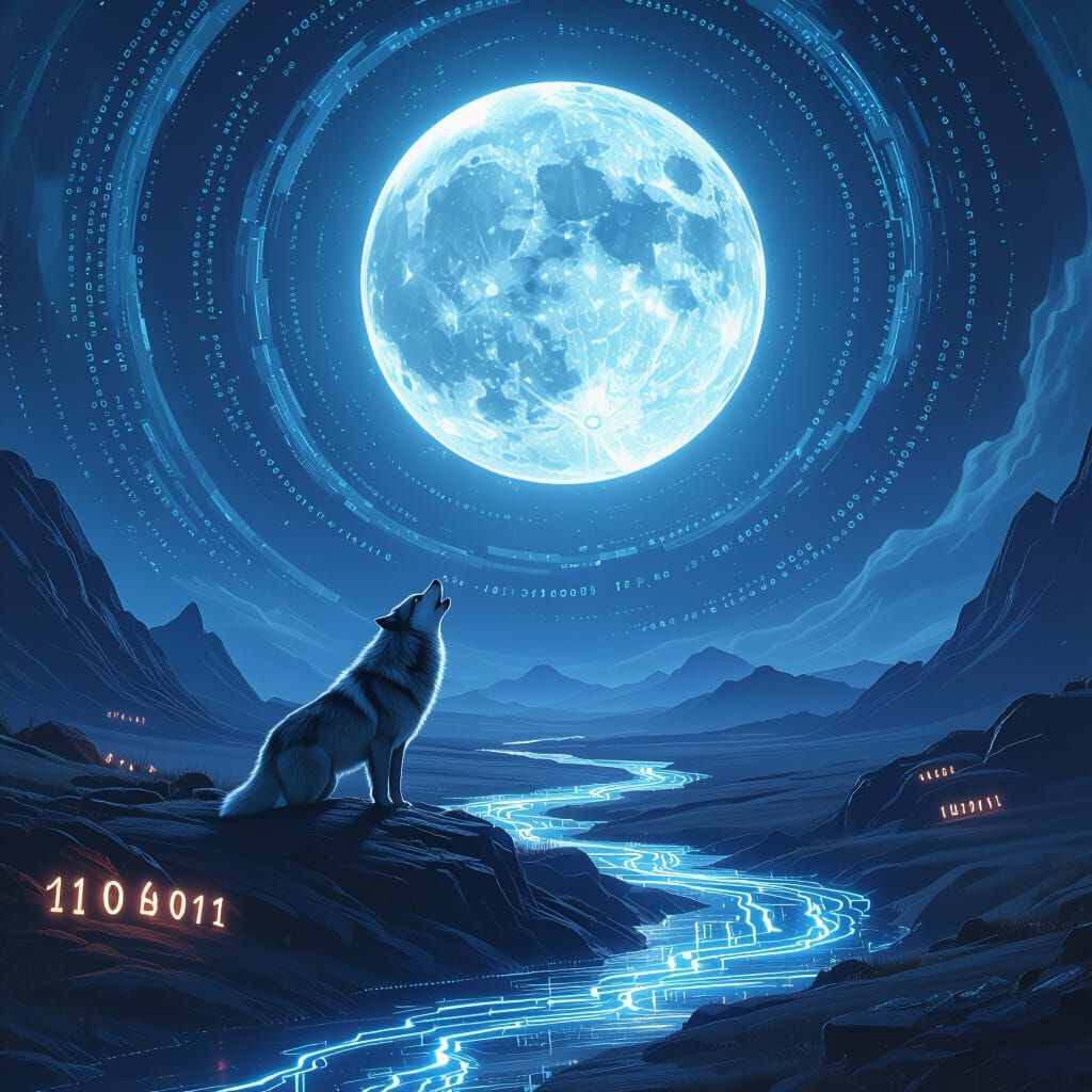 Lone Wolf Howling at Binary Moon in Digital Art Style