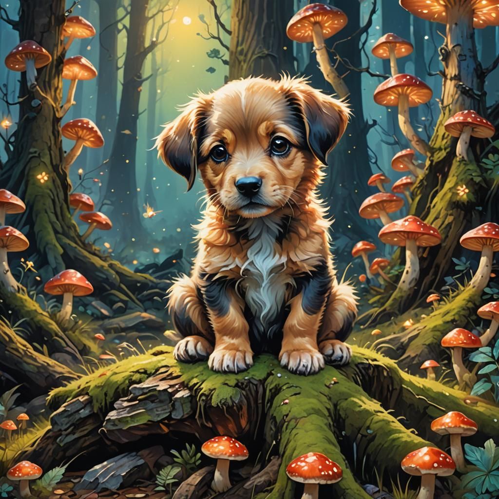 Cute Puppy in Enchanted Forest, Fantasy Art