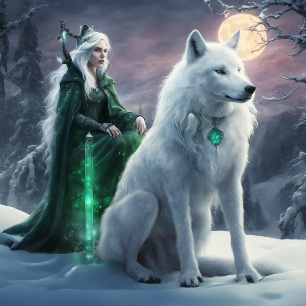 Winter Witch on White Wolf, Fantasy Concept Art