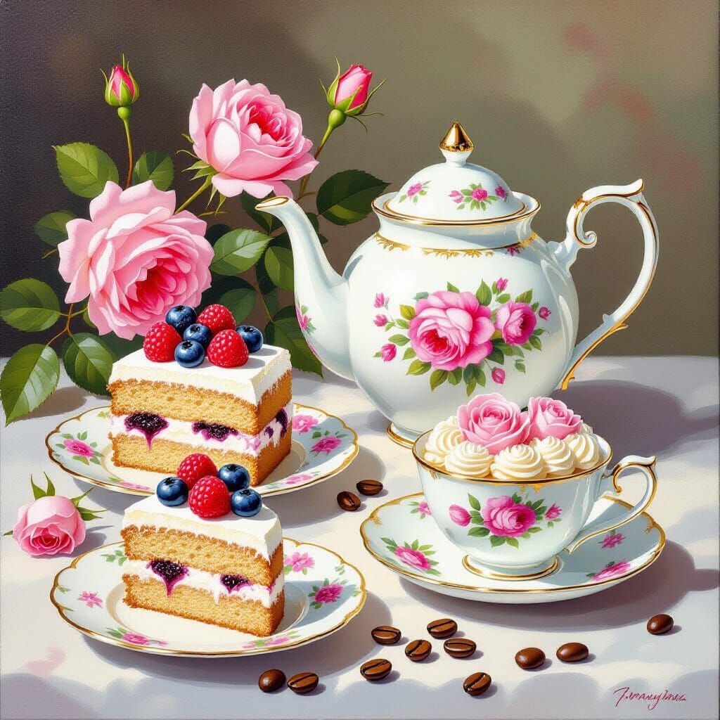 Exquisite Tea Set with Roses and Desserts in Gouache