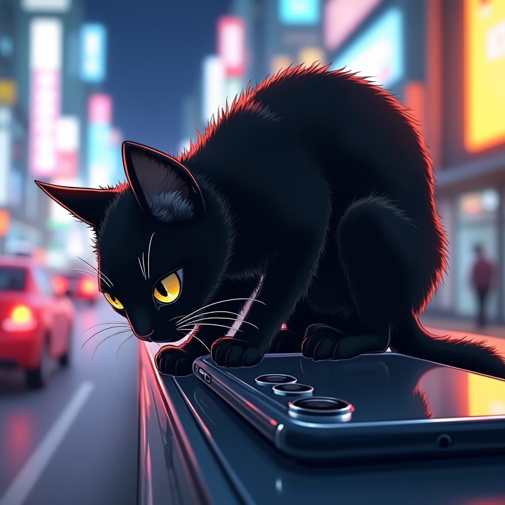 Black Cat Poised on Smartphone in Anime Style