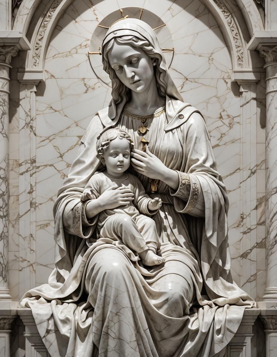 Art Deco Marble Statue of Mary and Jesus