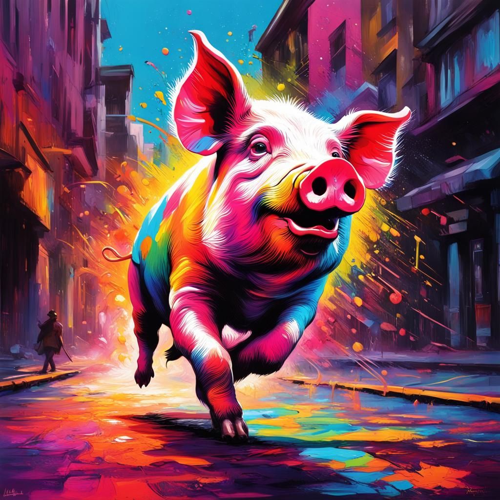 Colorful Pig Dancing in Graffiti Street Art