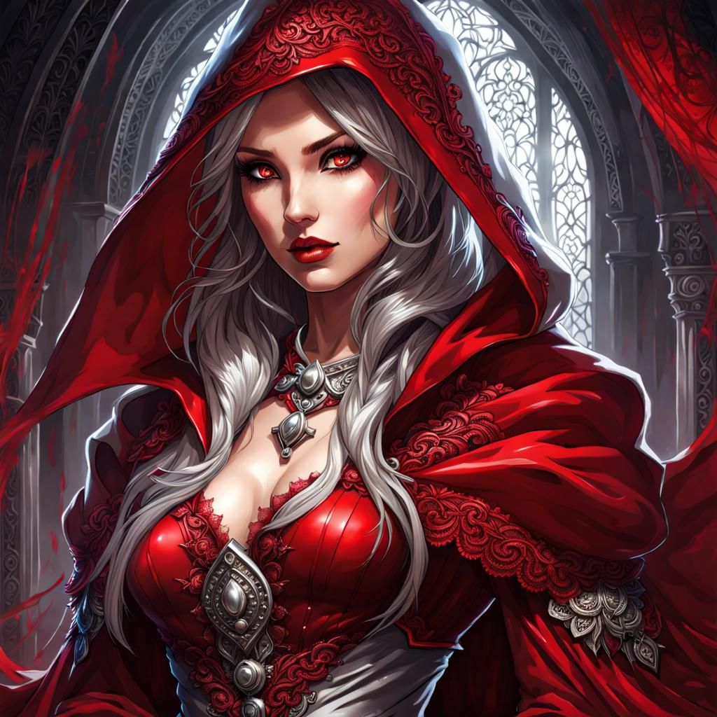 Gothic Mistress in Red Lace: Splash Art Portrait