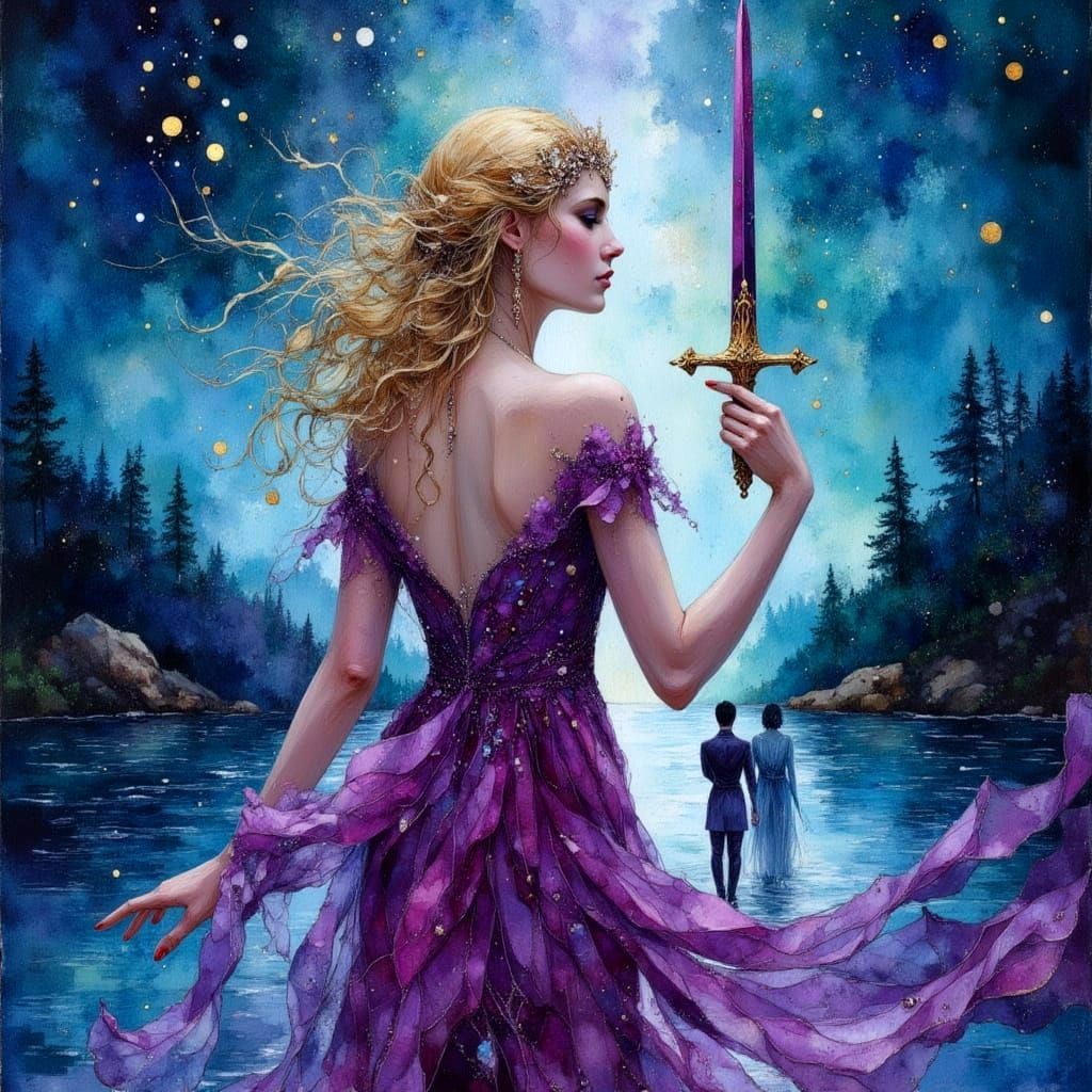 Lady of the Lake with Excalibur in Watercolor
